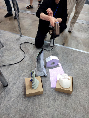 3D scanning. Working portable 3D scanner. Man scanning an object with a portable 3D scanner. Manual...