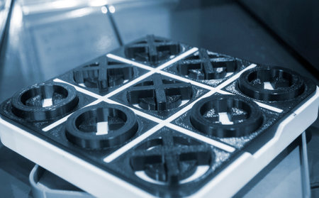 Model of the toy Tic-tac-toe printed on 3D printer close-up. Object created on 3D printer from...