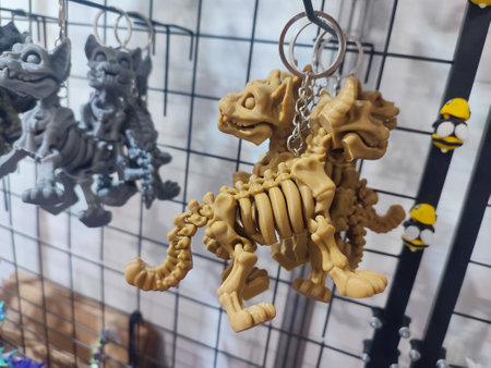 Objects keychains in form of dog skeleton models of toys printed on 3D printer from multi-colored...