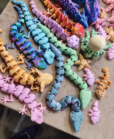 Creative multicolored models printed on 3D printer from molten plastic. Different toy objects of...