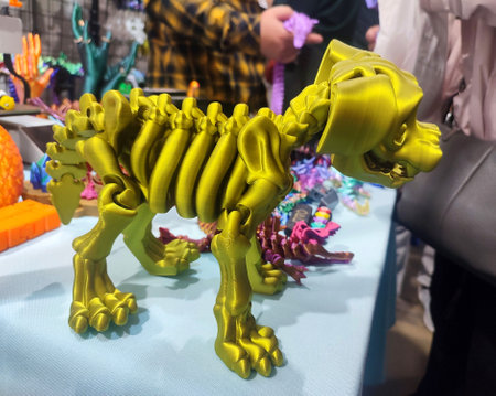 Dog skeleton printed on a 3D printer from molten plastic close-up. Creative multicolored models...