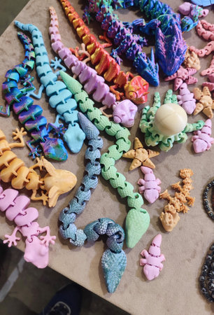Creative multicolored models printed on 3D printer from molten plastic. Different toy objects of...