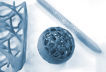 Model printed on 3D printer from grey polyamide powder close-up. Detailed prototype created on 3D...