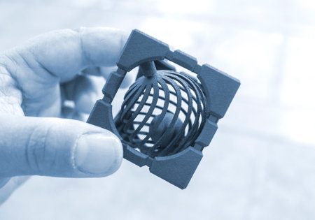 Person holding in hand plastic models printed on 3D printer from powder. Objects created on 3D...