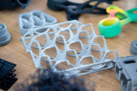 Plastic model printed on 3D printer from powder close-up. Objects created on 3D printer from...