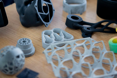 Plastic model printed on 3D printer from powder close-up. Objects created on 3D printer from...