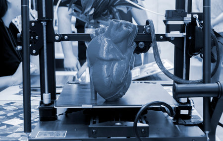 Prototype of the human heart printed on a 3D printer from blue plastic on the working surface of the...