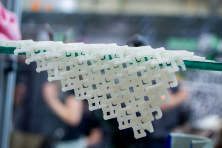 Many white details printed on 3D printer close-up. Parts 3D printed from molten plastic. FDM technologies. Innovation prototyping. Additive progressive modern new technology. 3D printing technologyの写真素材