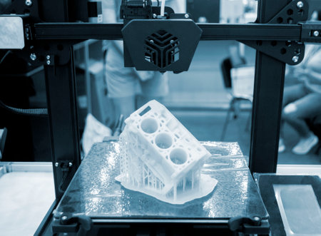 Prototype of car engine printed on 3D printer from molten white plastic on working surface 3D...