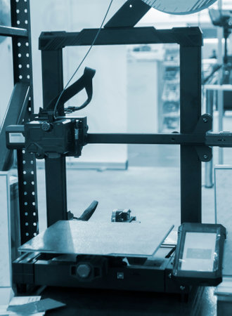 Empty working surface of 3D printer. 3D printer not working. Desktop 3D printer without printing...