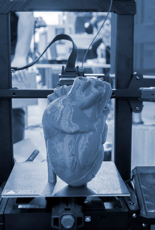 Prototype of the human heart printed on a 3D printer from blue plastic on the working surface of the 3D printer. New modern additive 3D printing medical technologiesの写真素材