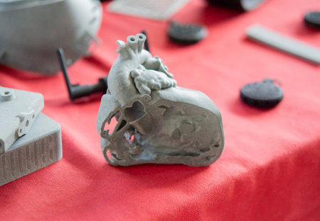 A prototype of a human heart in section printed on a 3D printer. An object created on a 3D printer from sintered plastic powder. New modern additive technologies. 3D Printing technologyの写真素材