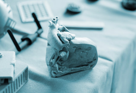 A prototype of a human heart in section printed on a 3D printer. An object created on a 3D printer from sintered plastic powder. New modern additive technologies. 3D Printing technologyの写真素材