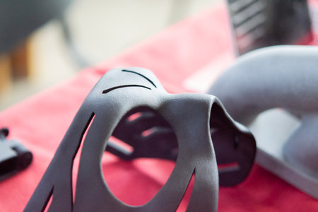 Black Costume Face Mask printed on 3D printer from plastic. An object created on a 3D printer from sintered plastic powder. New modern additive technologies. 3D Printing technologyの写真素材