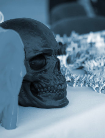 A prototype of a human skull printed on a 3D printer from molten plastic. Skeleton human head created on 3D printer. New additive 3D printing. 3D printing modern technology. FDM printing technologyの写真素材