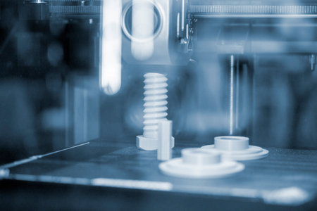 Several white objects on working surface inside 3D printer. Models printed on 3D printer made of melted white plastic. Concept FDM 3D Printing technologies. Additive modern new progressive technologyの写真素材