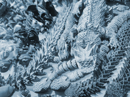 Art objects printed on a 3D printer. Various creative models created on a 3D printer from molten plastic. Concept 3D Printing. New modern 3D Printing additive technology. Blue colorの写真素材