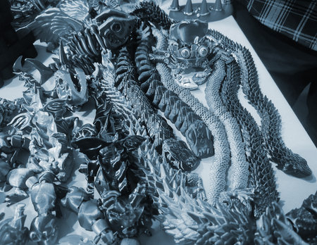 Art objects printed on a 3D printer. Various creative models created on a 3D printer from molten plastic. Concept 3D Printing. New modern 3D Printing additive technology. Blue colorの写真素材