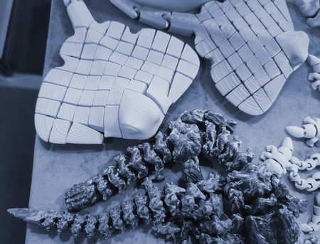 Art objects printed on a 3D printer. Various creative models created on a 3D printer from molten plastic. Concept 3D Printing. New modern 3D Printing additive technology. Blue colorの写真素材