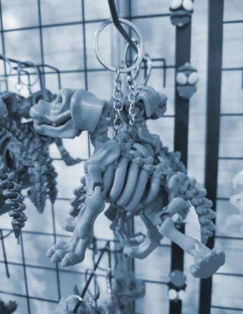 Objects keychains in form of dog skeleton models of toys printed on 3D printer from molten plastic hanging on chain. Concept 3D Printing. Modern 3D Printing additive technology. Blue colorの写真素材