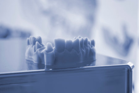 Prototype of human jaw gums and teeth printed on 3D printer from hardened rubber. Model of human lower gum with teeth created on 3D printer from hardened rubber under influence of ultraviolet light.の写真素材