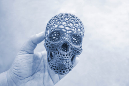 Art model of human skull printed on a 3D printer from molten plastic in hand. Object human skull created by 3D printer from molten plastic. Modern additive 3D printing technologies. FDM technologyの写真素材