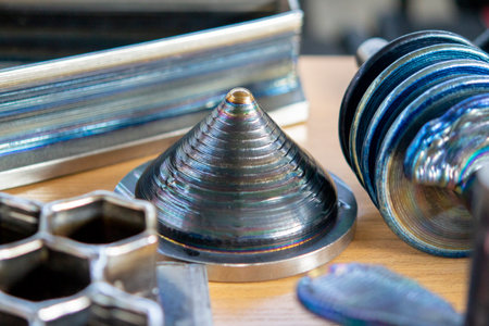 Objects printed on 3D printer from filament of molten metal on table. Object printed by 3D printer...