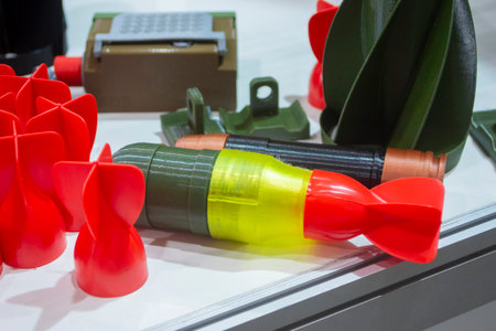 Bomb model for drone. Model of bomb printed on 3D printer from melted plastic. Body of bomb with...