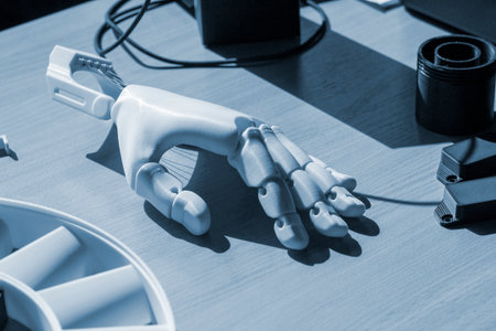 Plastic hand printed on 3D printer. Human arm prosthesis created on a 3D printer from molten plastic. Plastic hand, fingers, nails printed on 3D printer. Modern new additive 3d printing technologiesの写真素材
