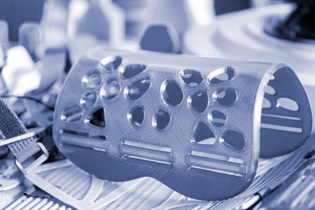 Medical splint for hand treatment. Medical splint printed on 3D printer from molten plastic. Model...