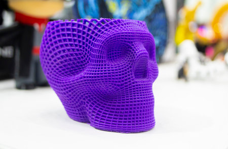Prototype of human skull printed on 3D printer from molten purple plastic. Modern new printing manufacturing. Additive progressive medical technology. Three-dimensional model skull 3D printed close-upの写真素材