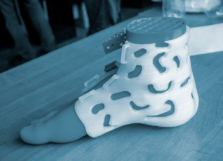 Prosthesis printed on a 3D printer from molten plastic on a plastic foot. Prototype of medical...