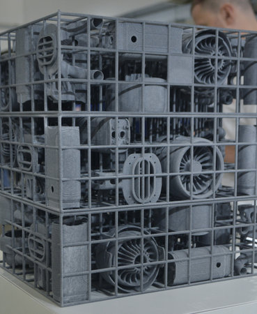 Object printed on 3D printer from molten plastic powder close-up. Model printed on 3D printer from...