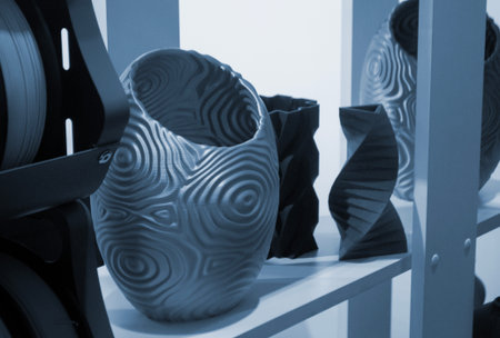 Object printed on 3D printer close up. Model printed on 3D printer from molten plastic. Vase printed...