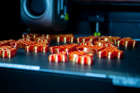 3D printer close up. Working 3D printer in process of printing object from molten orange plastic. 3D printer creating model by flowing liquid plastic from extruder of printer. 3D printing technologyの写真素材