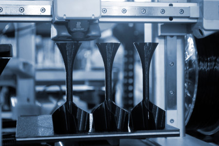 Shank stabilizer printing on 3D printer from molten plastic on desktop of 3d printer. Plastic stabilization tail creating on 3D printer. Black prototype model of rocket tip printing on 3D printerの写真素材