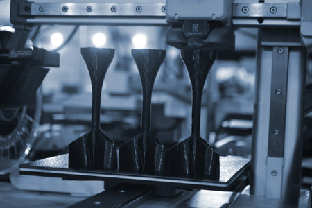 Shank stabilizer printing on 3D printer from molten plastic on desktop of 3d printer. Plastic stabilization tail creating on 3D printer. Black prototype model of rocket tip printing on 3D printerの写真素材