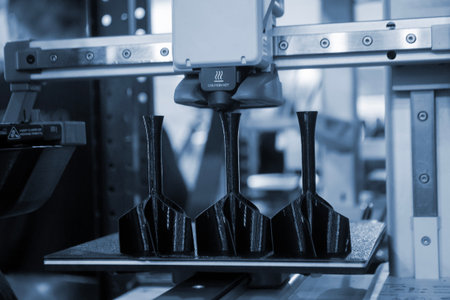 Shank stabilizer printing on 3D printer from molten plastic on desktop of 3d printer. Plastic...