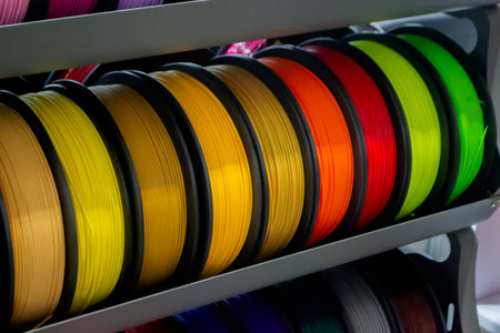 Many spools with multi-colored plastic for 3D printing. Spools with yellow, orange, brown, red green...