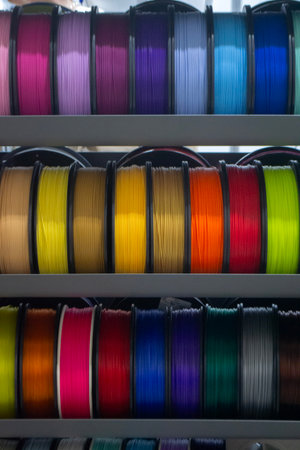Many spools with multi-colored plastic for 3D printing. Spools with pink, red, burgundy, purple, yellow, orange blue plastic wire for 3D printer. Components for 3D printing. Accessories for 3D printerの写真素材