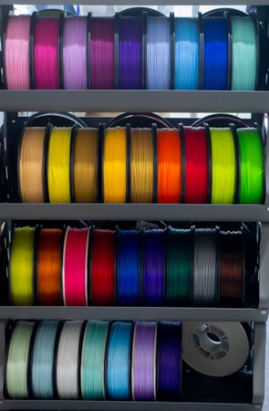 Many spools with multi-colored plastic for 3D printing. Spools with pink, red, burgundy, purple, yellow, orange blue plastic wire for 3D printer. Components for 3D printing. Accessories for 3D printerの写真素材