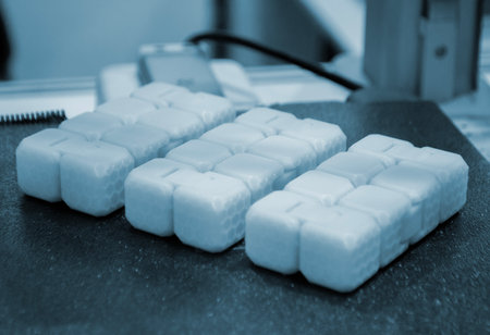 A white square object on the build surface of a 3D printer close up. A white plastic model on a 3D printer desktop. 3D printing technology. New modern additive progressive FDM 3D printing technologyの写真素材