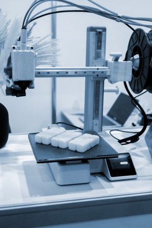 A white square object on the build surface of a 3D printer. A white plastic model on 3D printer desktop. 3D printer. 3D printing technology. New modern additive progressive FDM printing technologyの写真素材