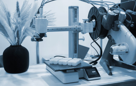 A white square object on the build surface of a 3D printer. A white plastic model on 3D printer...