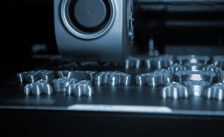 3D printer close up. Working 3D printer in process of printing object from molten blue plastic. 3D printer creating model by flowing liquid plastic from extruder of printer.の写真素材