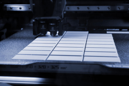 3D printer close up. Working 3D printer in process of printing object from molten white plastic. 3D...