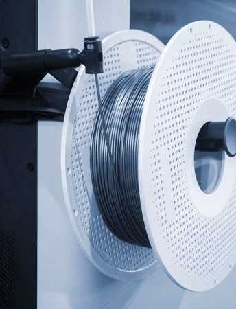 Spool of plastic wire for 3D printing. Spool with blue plastic close-up. Component for 3d printing....