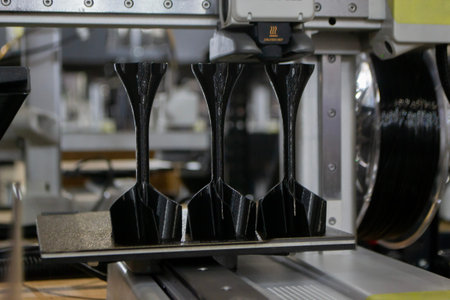 3D printer. 3D printer printing object close-up. 3D printer printing model black color. Working 3D...