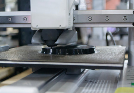 3D printer. 3D printer printing object close-up. 3D printer printing model black color. Working 3D...