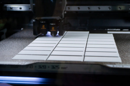 3D printer. 3D printer printing object close-up. 3D printer printing model white color. Working 3D printer. Concept printing technology. New modern additive progressive technology. FDM technologiesの写真素材